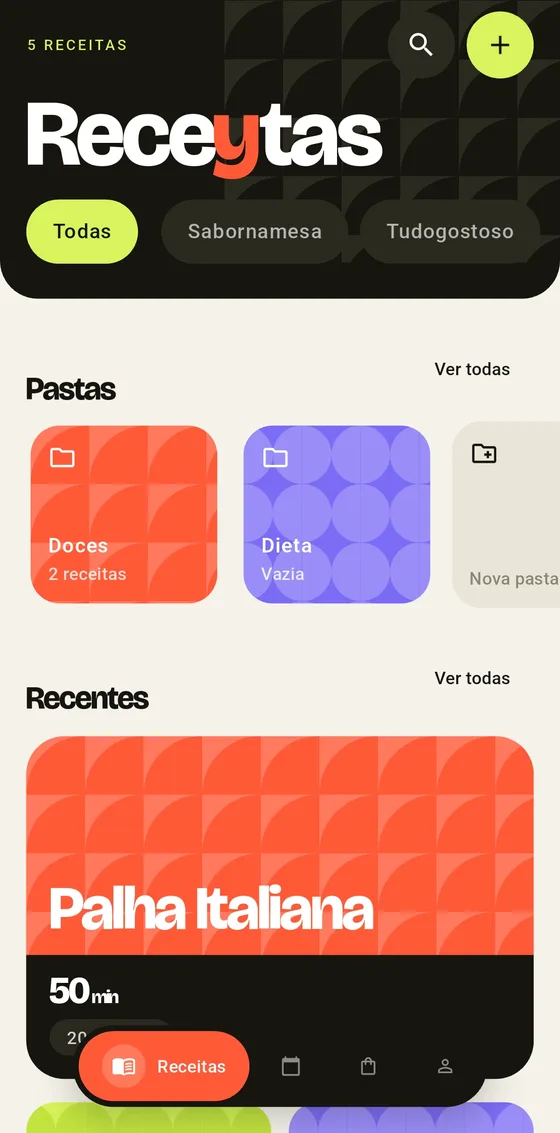 Tela de Receitas do app, com pastas coloridas e a receita Palha Italiana em destaque