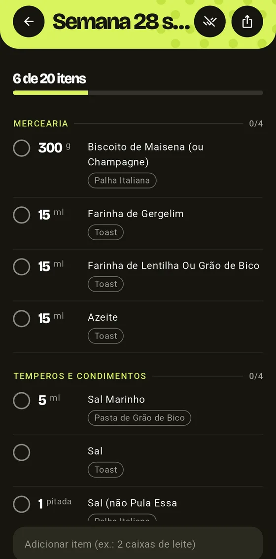 Lista de compras em tela escura, com progresso de 6 de 20 itens e itens agrupados por corredor