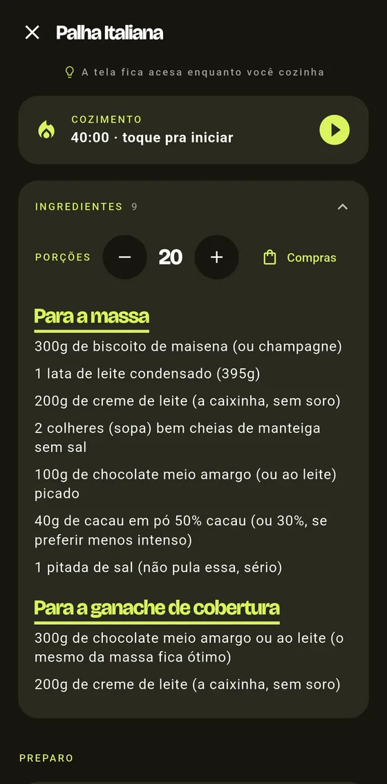 Modo cozinha: tela escura com o timer de cozimento de 40 minutos e os ingredientes agrupados