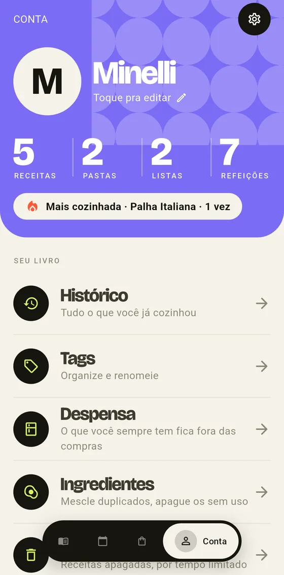 Tela Conta, com os totais de receitas, pastas, listas e refeições e atalhos para histórico, tags, despensa e ingredientes