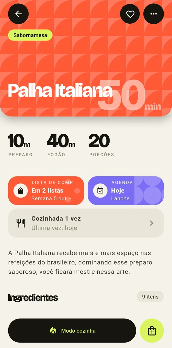 Receita Palha Italiana com 50 minutos em destaque, tempos de preparo e fogão e atalho para o modo cozinha